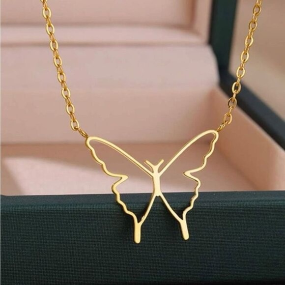 Gold Plated Stainless Steel Butterfly Charm Necklace - Picture 2 of 2